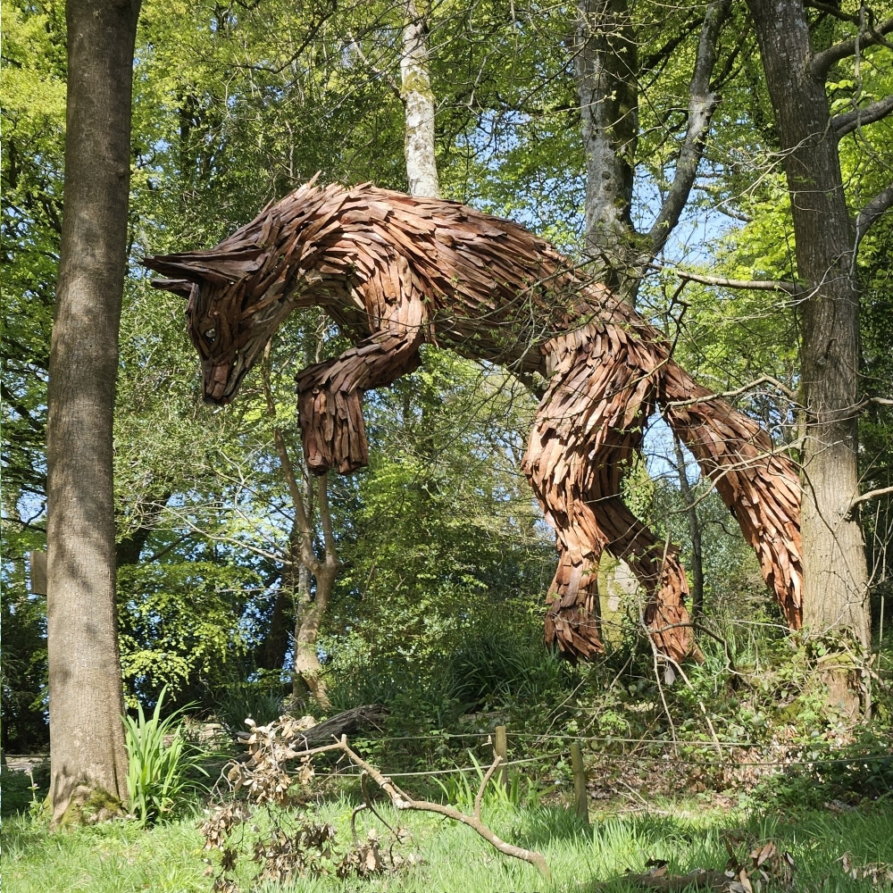 Lowarnes leaping fox sculpture Lost Gardens of Heligan Cornwall - Cornwall sculpture trail